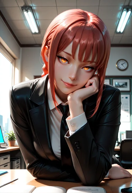 Smooth Quality, (3d render, realistic, photorealistic), 1girl, makima \(chainsaw man\), formal, business suit, upper body, office, desk, head tilt, head rest, seductive smile, wide-eyed, detailed eyes, looking at viewer
