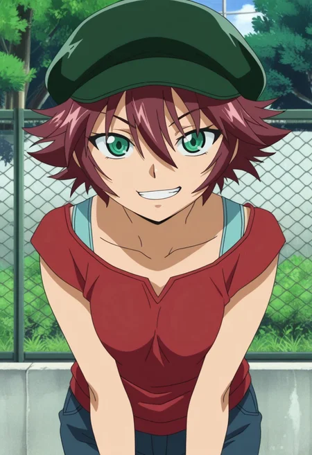 masterpiece,best quality,amazing quality, nanjo kisara, maroon hair, short hair, green eyes, solo, hat, smile, fence, looking at viewer, grin, anime coloring, tree