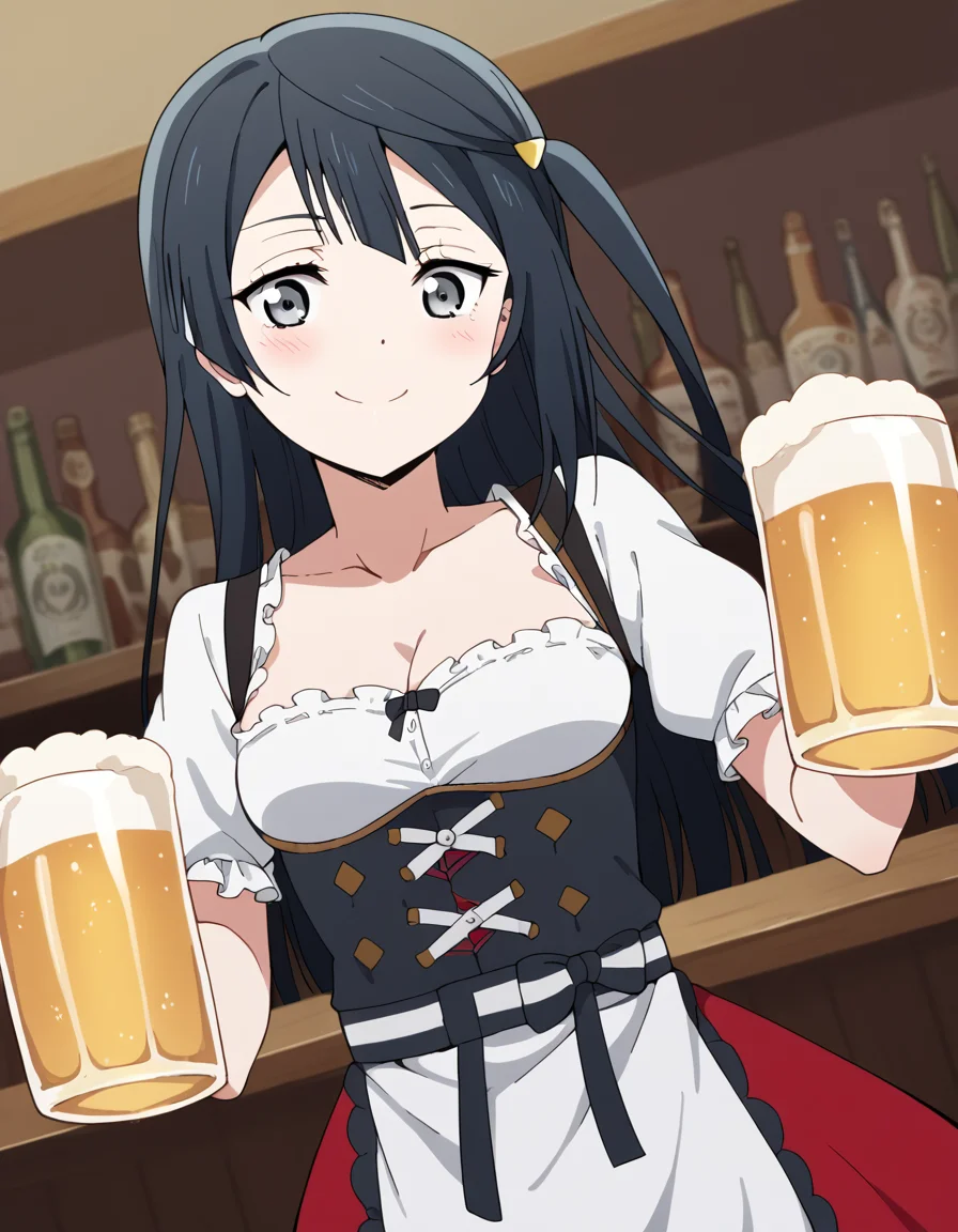 score_9, score_8_up, score_7_up, source_anime, <lora:setsuna-yuuki-s2-ponyxl-lora-nochekaiser:1>, setsuna yuuki, yuuki setsuna (love live!), long hair, bangs, black hair, sidelocks, grey eyes, one side up, hair ornament,, <lora:dirndl-ponyxl-lora-nochekaiser:1>, dirndl, german clothes, beer mug, collarbone, cleavage, beer, underbust, waist apron,, indoors, bar, smile, blush,, , cowboy shot, dutch angle