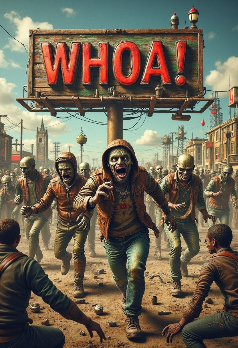 yfg-lbgadgets zombies running screaming with a large billboard in the background that reads "WHOA!"