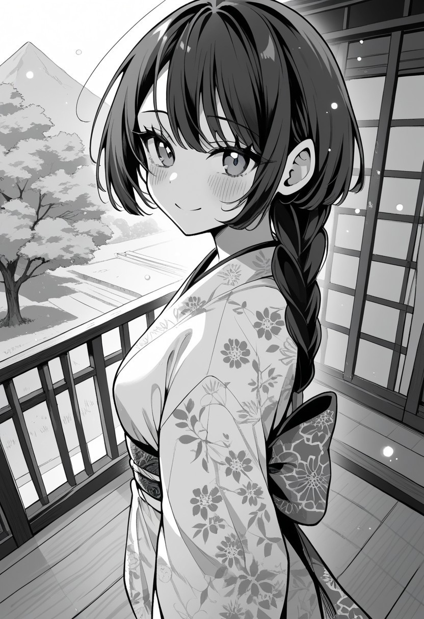 zPDXL3, score_9_up, score_8_up, score_7_up, (Anime_source), 1girl, monochrome, grayscale, Sayo, blue eyes, black hair, long hair, single braid, (kimono), cowboy shot, ancient temple, sakura trees, particles, looking at viewer, blush smile, (from side, from above, dutch angle)