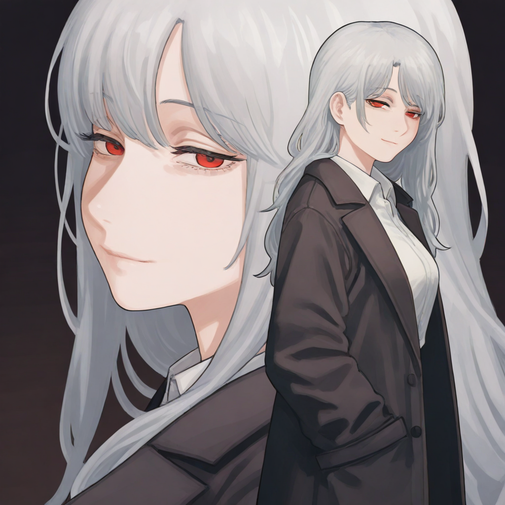 1girl,solo,silver long hair,red eyes,black long jacket,very long jacket,white collared shirt,open shirt,mature female,hand in pockets,from side,looking at viewer,cowboy shot,half closed eyes,light smile,black background,close up,
masterpiece,
masterpiece,best quality,amazing quality,very aesthetic,highres,absurdres,CSMCoverStyle,<lora:CSMcover-style_noob11_v3-000180:1>,