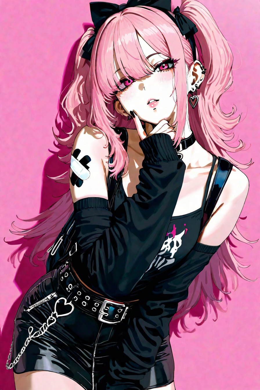 1girl, solo, pink hair, two side up, hair between eyes, long hair, mole under eye, pink eyes, black choker, heart choker, earrings, hair behind ear, bandaid on arm, sleeveless shirt, black nails, sleeve past wrists, collarbone, tank top, black undershirt, camisole, arm warmers, black skirt, belt buckle, backpack, hand on own chin, head tilt, parted lips, pink background, very awa,
BREAK,masterpiece,best quality,amazing quality,very aesthetic,absurdres,newest