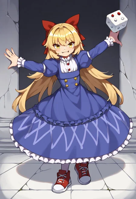 score_9, score_7_up, source_anime, masterpiece, best quality, detailed, perfect, perfection, aesthetic, absurd, detailed,
illustration showing Tipsy by style:kame \(kamepan44231\),
1girl, yellow eyes, blonde hair, long hair, bangs, red hairbow, :3, fang, closed mouth,
white bodice, buttons, blue dress, white embroidery, frills, puffy sleeves, white pantyhose, red sneakers,
full body, dynamic pose