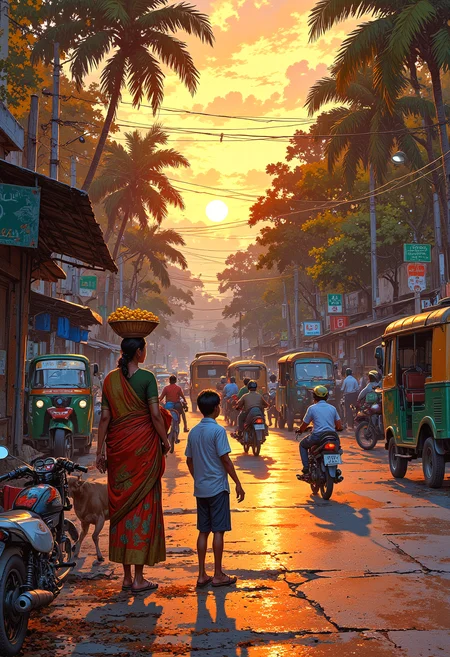 A bustling Kerala junction at sunset, with rickshaws, motorbikes, and colorful buses weaving through traffic. The street is lined with tall coconut trees, and the golden light from the setting sun reflects off the wet pavement. A man in a white mundu and a blue shirt stands near a small tea stall, sipping from a glass cup. A woman in a red and gold sari balances a basket of bananas on her head as she crosses the street. Children in school uniforms sit on the edge of the road, laughing and sharing snacks. Nearby, a cow walks slowly through the traffic, and a street vendor grills spiced corn on an open flame. The scene is alive with motion and color.