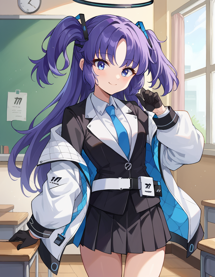 score_9, score_8_up, score_7_up, source_anime,
yuukahayase, <lora:yuuka-hayase-ponyxl-lora-nochekaiser:1>,
yuuka, blue eyes, halo, purple hair, two side up, long hair,
belt, black gloves, black suit, black skirt, blue necktie, gloves, halo, jacket, necktie, off shoulder, skirt, two-sided fabric, two-sided jacket, white belt, white jacket,
indoors, classroom, smile,
looking at viewer, dutch angle, cowboy shot,