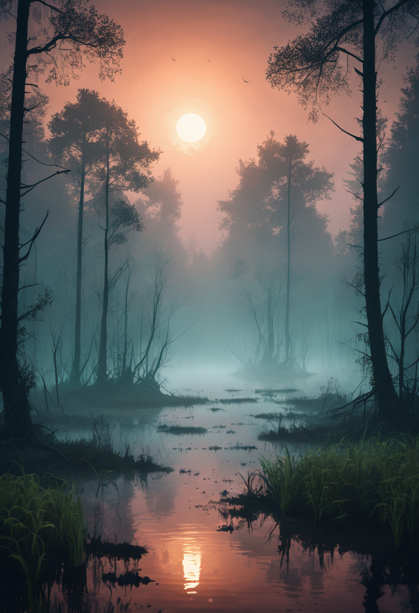 artistic swamp with mystic fog, water on the foreground, from horror movies, dark atmosphere, artstation, low poly vegetation, fisher with fishing rode  <lora:xl_more_art-full_v1:0.35> in Brooding landscapes, epic scale, German myth, layered symbolic density