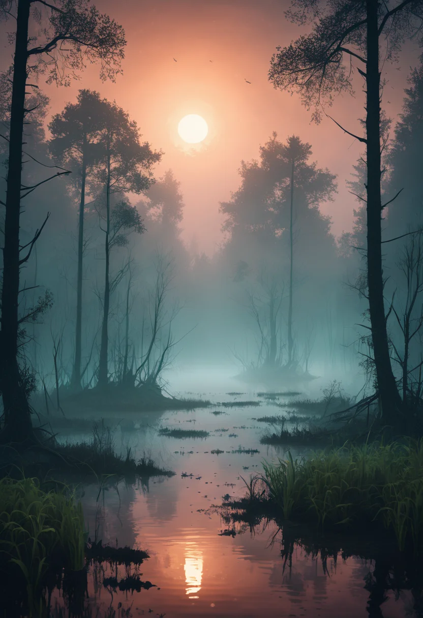 artistic swamp with mystic fog, water on the foreground, from horror movies, dark atmosphere, artstation, low poly vegetation, fisher with fishing rode  <lora:xl_more_art-full_v1:0.35> in Brooding landscapes, epic scale, German myth, layered symbolic density