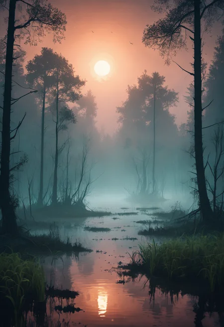 artistic swamp with mystic fog, water on the foreground, from horror movies, dark atmosphere, artstation, low poly vegetation, fisher with fishing rode  <lora:xl_more_art-full_v1:0.35> in Brooding landscapes, epic scale, German myth, layered symbolic density