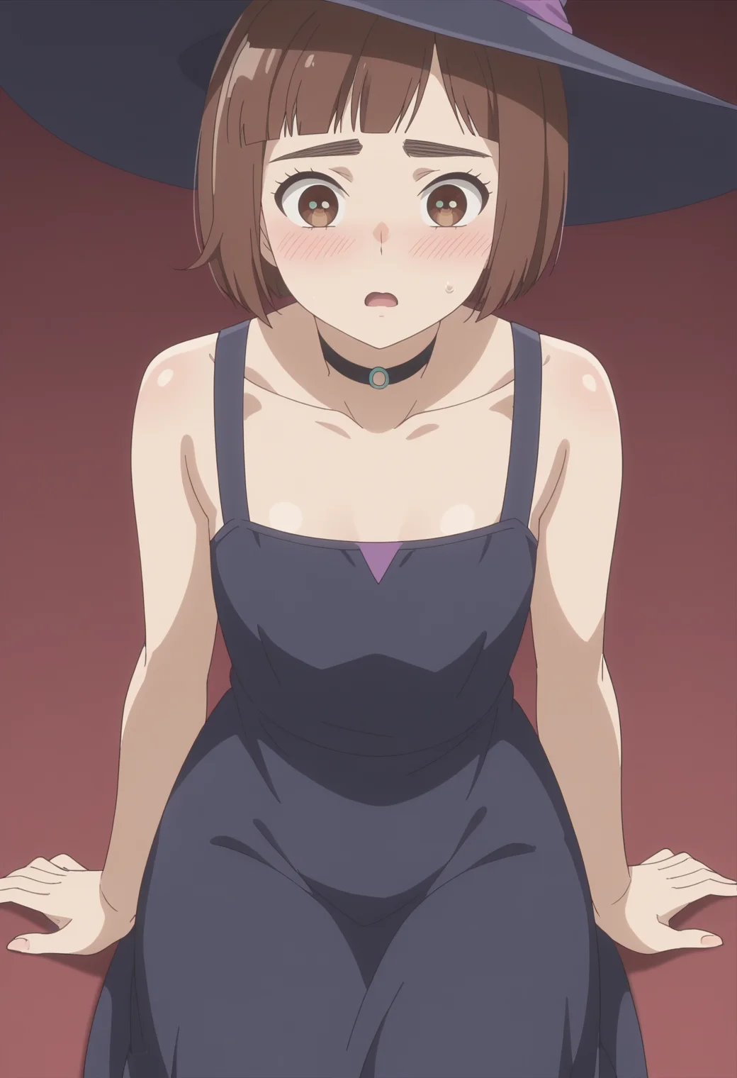 score_9, score_8_up, score_7_up, anime screencap, BREAK, 1girl, solo <lora:DX888Kazusa:1> onodera kazusa, brown eyes, brown hair, thick eyebrows, bob cut, micro bangs, BREAK
 shocked, :o, wide open eyes , blush,, throne room, fancy interior, tiles,, witch,  witch hat,  magic, witch robe,  sleeveless, magical broom, black choker, bare shoulders,