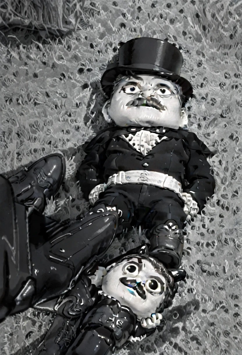 (((black and white, monochrome, greyscale, top down view))),((GRASS,OUTDOORS,BOOTS,BLACK FOOTWEAR,PANTS,LOOKING UP,LOOKING FROM BELOW, small man with mustache, top hat, kenbis, chibi, chibi, male only, male, male chibi, monocle, art deco, thick mustache, comically large mustache, handlebar mustache, tiny, shrunk, microxl, some little guys)), bwMovies, realistic, photo, vintage photo, ((very small man, small man, a small man, a man who is small, a small man)) suit, cane, an unapologetically small human male, black and white, smiling, very happy, euphoric, ecstatic, wonderful small men, large smile, huge smile, muscular, muscles, indoors, cinema, movie theater, detailed background