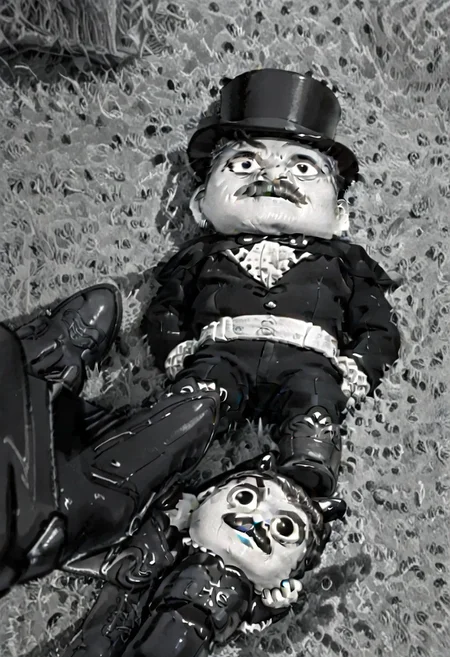 (((black and white, monochrome, greyscale, top down view))),((GRASS,OUTDOORS,BOOTS,BLACK FOOTWEAR,PANTS,LOOKING UP,LOOKING FROM BELOW, small man with mustache, top hat, kenbis, chibi, chibi, male only, male, male chibi, monocle, art deco, thick mustache, comically large mustache, handlebar mustache, tiny, shrunk, microxl, some little guys)), bwMovies, realistic, photo, vintage photo, ((very small man, small man, a small man, a man who is small, a small man)) suit, cane, an unapologetically small human male, black and white, smiling, very happy, euphoric, ecstatic, wonderful small men, large smile, huge smile, muscular, muscles, indoors, cinema, movie theater, detailed background