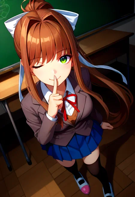 score_9, score_6_up, source_anime, classroom, 1girl, solo, dutch angle, from above, full body, shushing, index finger raised, finger to mouth, wink, monika, brown hair, green eyes, ponytail, very long hair, white bow, blazer, red neck ribbon, collared shirt, blue skirt, black thighhighs, footwear<lora:ddlc_sdxl_pony:0.8>