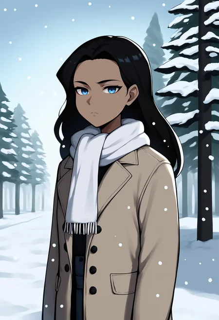 score_9, score_8_up, score_7_up, score_6_up, score_5_up, score_4_up, BREAK, source_anime,
1girl, wwkd standing outdoors in the snow during the winter, wwkd,
black hair, long hair, blue eyes, dark skin,
winter clothes, white scarf, coat,
expressionless, looking at viewer, outdoors, snow, snowing, solo, tree, winter <lora:WonderWomanKidsXLv2:1>