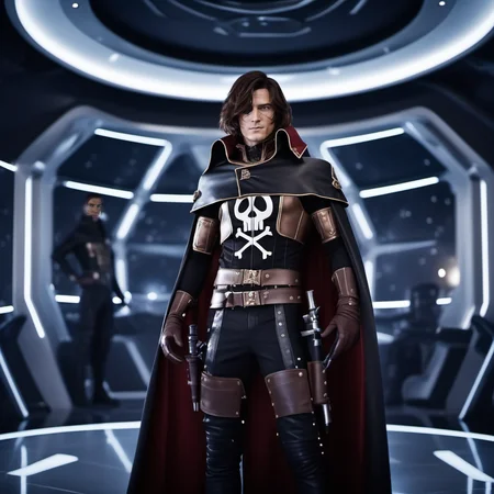 cinematic photo a full body man, solo, cape, brown hair, scar, black gloves,sword, in a spaceship<lora:Albator1024_r1:0.8> . 35mm photograph, film, bokeh, professional, 4k, highly detailed