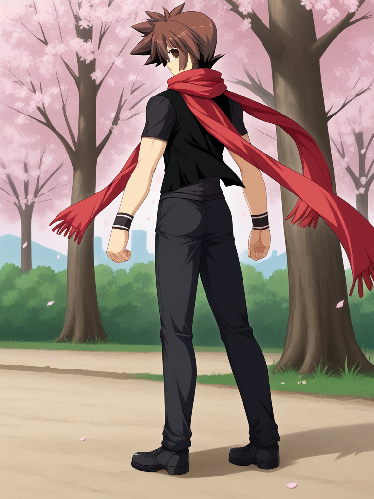 1boy, solo, reijilokiEXAEXSFA, brown hair, spiked hair, brown eyes, t-shirt, vest, wristband, pants, scarf, shoes, outdoors, sakura, cherry blossoms, falling petals, from behind, looking back, standing, full body,