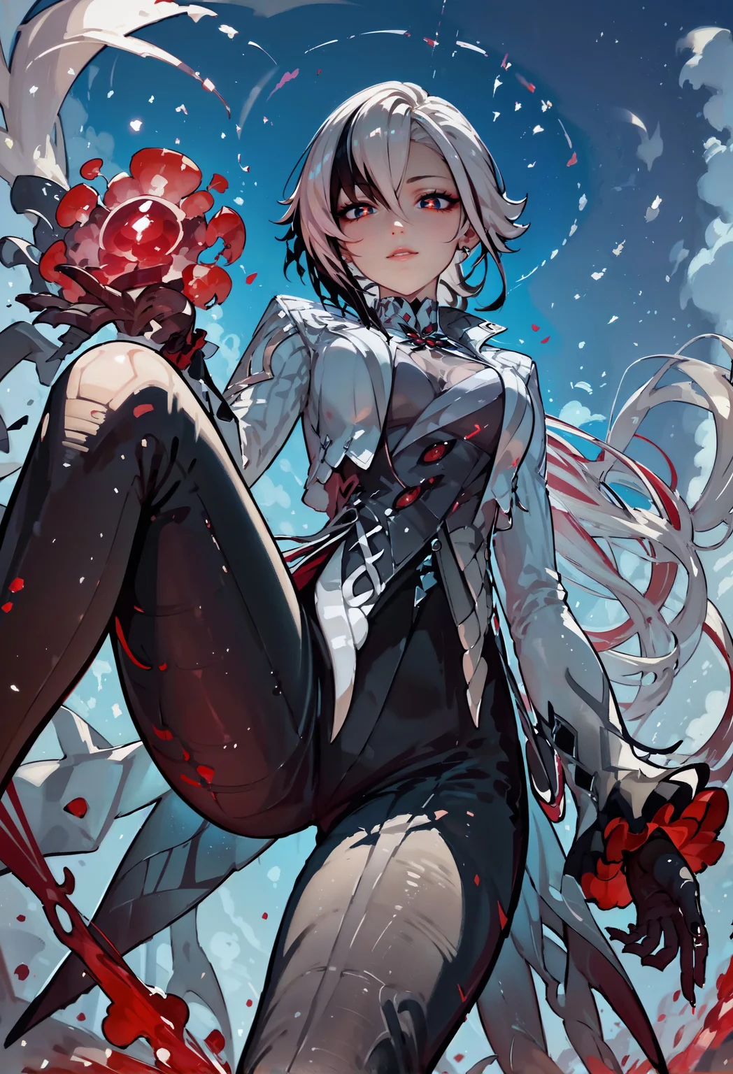 (score_9, score_8_up:1.1), 1 girl, solo, Arlecchino, def clothes, 1girl, x-shaped pupils, red pupils, black gloves, pants, symbol-shaped pupils, multicolored hair, black hair, white hair, from below, looking at viewer, looking down, (stomping:1.2) <lora:Expressive_H-000001> expressiveh <lora:princess_xl_v2:0.7> <lora:sinfully_stylish_SDXL> <lora:Concept Art Twilight Style SDXL_LoRA_Pony Diffusion V6 XL:0.8> <lora:Arlecchino-pony-Tanger:0.7>