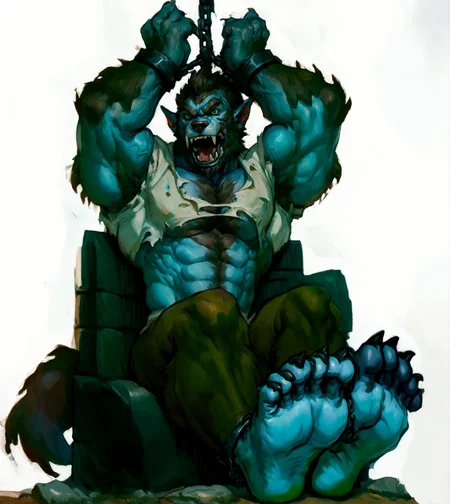 score_9, score_8_up, score_7_up, score_8, intricate details, detailed face, male focus, muscular male, biceps, pecs, abs, thick arms, beefy, veiny muscles:1, hyper muscles, solo, five toes on each foot:1, plantigrade, looking at viewer, sitted, foot focus, arms up, foot soles, restrained, chained hands, prison, depth of field, highres, concept art, 1boy, male, angry, open mouth
<lora:xlbodybuilder:0.4>, <lora:popular:0.5>, <lora:xl_more_art-full_v1:0.4>, fangs, digital_media_(artwork), <lora:Expressive_H:0.5>, <lora:add-detail-xl:0.4>, <lora:more_details:0.4>, <lora:detail_slider_v4:0.7>, looking at viewer, <lora:macro_bear_sdxl_v1.2:0.4>, thick feet, <lora:FaceDeetsPonyXL2:0.4>, green eyes, depth of field, highres, concept art, torn shirt, half shirt:1, <lora:ZoroJ:0.4> zoroj, <lora:Scott_Howl_Pony:1> beard, facial hair, werewolf, tail, barefoot, male, <lora:rokuprod:0.5>, blue skin, <lora:badcoyote:0.6>, <lora:Eldritch Oil Style LoRA_Pony XL v6:1> oil painting, traditional media, <lora:PonyQuality_V3.3:0.4>, <lora:skinny_new_skin:0.3>