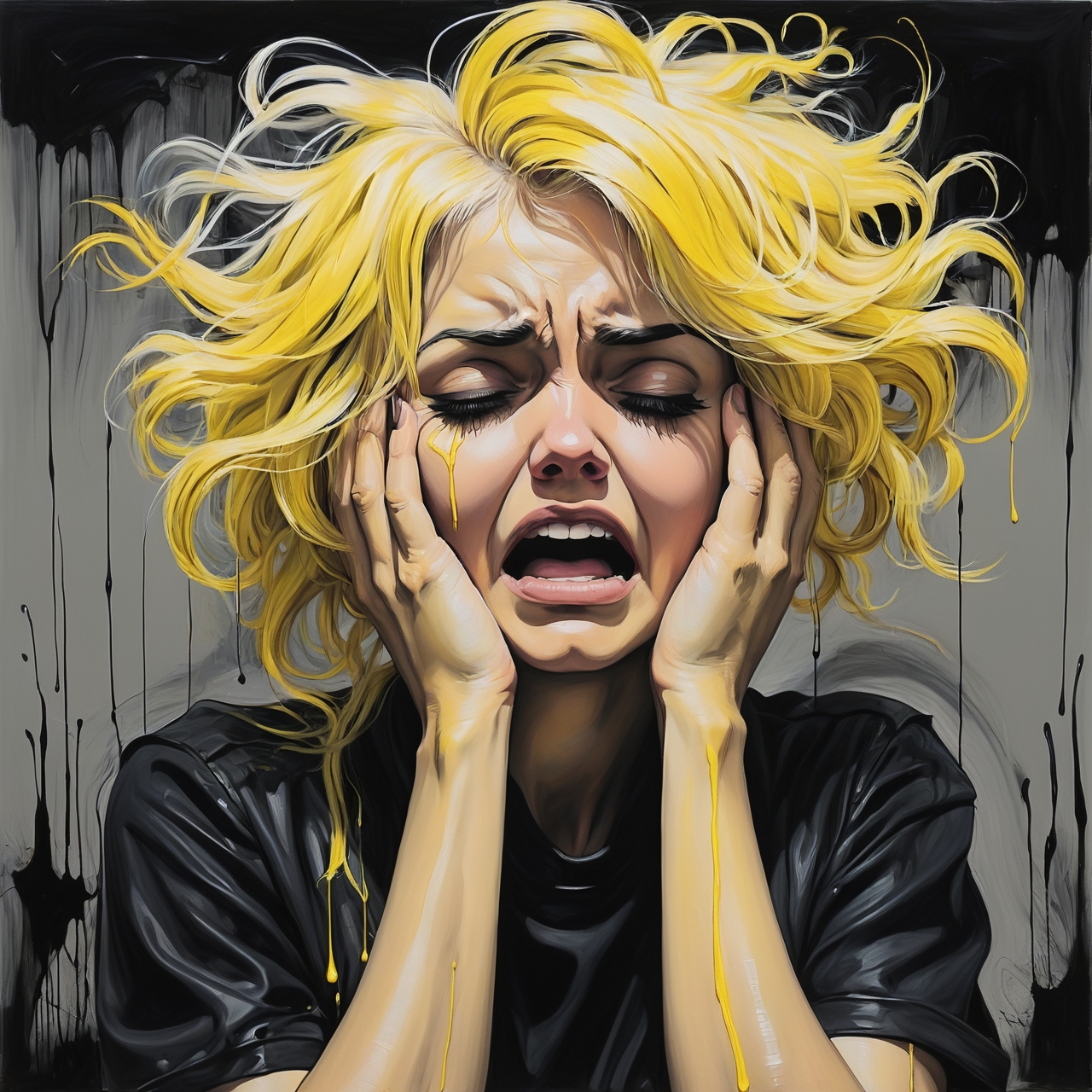 Drawing, Captivating Industrial Female of Temperance, she is crying, Painting a painting, the Female has Black and Yellow hair, Messy hair, Fine art, 35mm