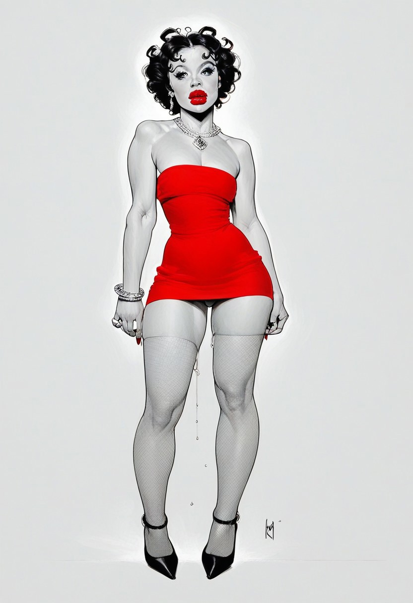 score_9, score_8_up, score_7_up, 1girl,  narrow waist, seductive expression, thick lips, athletic, toned thighs,  arched back,  dripping, dark eyes, 
/, monochrome background,
/, standing, in city, 
/, BettyB00p, Red Dress, fishnets, high heels, curly hair, jewellery,