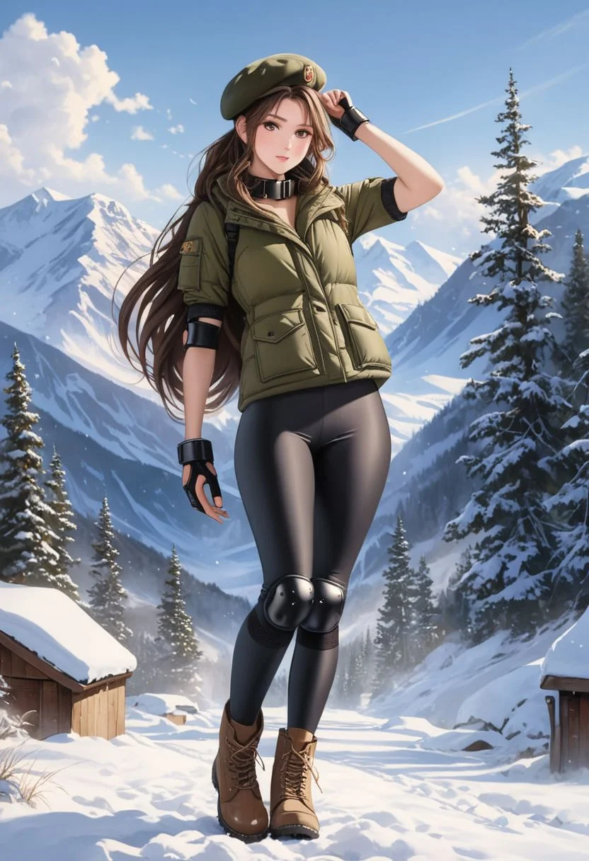 ((((down jacket)))), ((((puffer jacket)))), ((((down coat)))), ((((puffer coat)))), (((very cold))), (full body:2.6), (combat boots:2.6), (knee pads:2.6), (elbow pads:2.6), (standing:2.6), winter, snow, (masterpiece), (best quality), (photorealistic), detailed beautiful eyes, detailed pretty face, realistic face, ((beautifully detailed pupils:1.19)), (lustrous skin), side lighting, ((semi realistic)),(((oil painting))), green eyes,(absurdly long hair),(updo hair), brown hair,(parted bangs), eyelashs, tucking one's hair behind one's ears, looking at viewer, 1girl, ((solo)), (perfect anatomy), blush, angry face, ((Camouflage)), long eyelashes, eyeliner, (leggings:2.6), dog tag, military beret(black), ((illustration)), (Thick padded collar:1.4), (TSH:1.4), (Thick padded cuffs:1.4)
