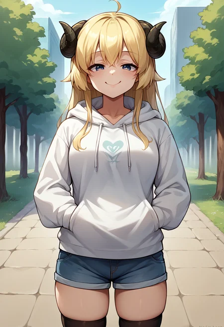 score_9, score_8_up, source_anime, 1girl, solo, TsunomakiWatame, horns, long hair, ahoge, white hoodie, denim shorts, black thighhighs, skindentation, hands in pockets, outdoors, smile, smug, <lora:ChamTsunomakiWatamePonyXLV2:1>