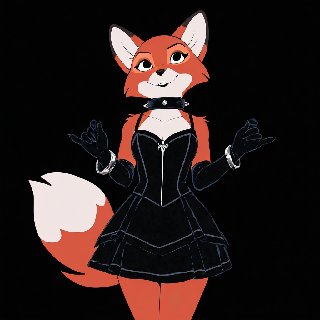 masterpiece, best quality, very aesthetic, absurdres, Vixie,1girl,solo,furry,furry female,fox girl,fox ears,black eyes,snout,animal nose,spiked collar,jewelry,bracelet,body fur,orange fur,two-tone fur,white fur,fox tail, dress, black dress, black gloves, elbow gloves,