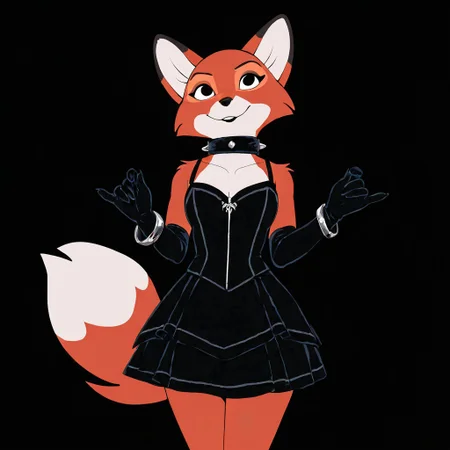 masterpiece, best quality, very aesthetic, absurdres, Vixie,1girl,solo,furry,furry female,fox girl,fox ears,black eyes,snout,animal nose,spiked collar,jewelry,bracelet,body fur,orange fur,two-tone fur,white fur,fox tail, dress, black dress, black gloves, elbow gloves,