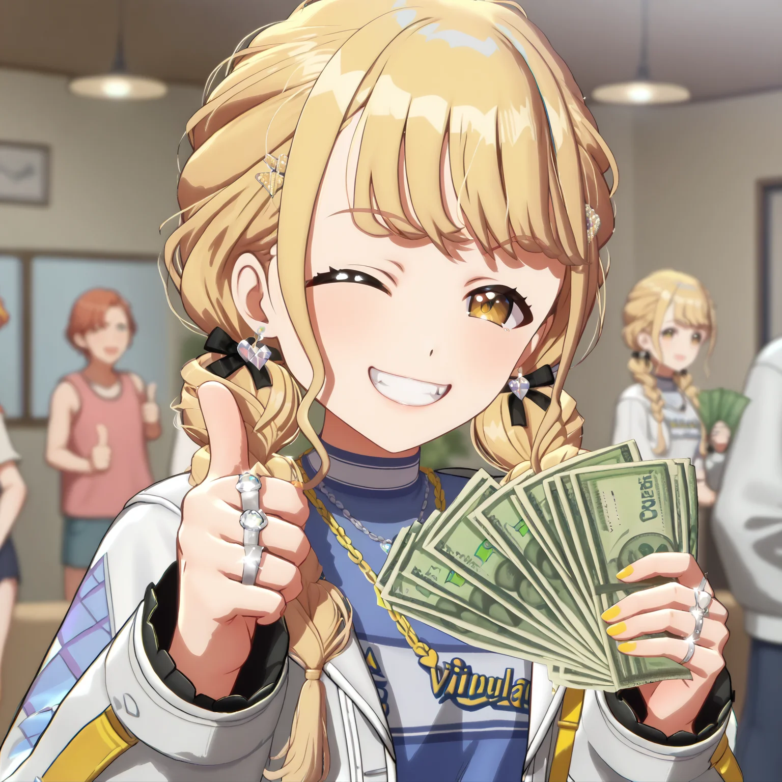 score_9, score_8_up, score_7_up, score_6_up, 1girl,
<lora:kotone.pony.v2:1>, kotone, hajime,
<lora:gangstersb-guy-PONYv1:0.8>, gangstersb,
looking at viewer, thumbs up, one eye closed, grin, smile, money, holding money, portrait, cropped torso, ring, jewelry, diamond earrings,