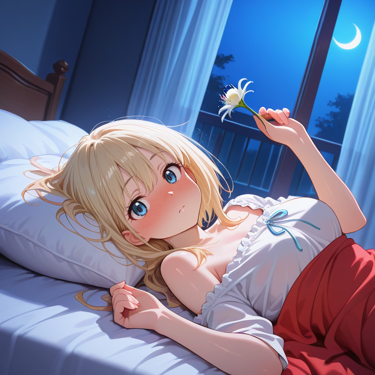 <lora:IL_lycoris_spider_lily:1>,lycoris/(flower/),1girl,solo,disheveled hair,looking at viewer,dutch angle,holding flower,crescent,white flower,bed room,pillow,curtains,large window,sidelighting,night,moonlight,lying,on back,twisted torso,w arms,curled fingers,embarrassed,full-face blush,disheveled clothes,, masterpiece,amazing quality,best quality,ultra-detailed,8K,illustration,CG,shiny hair,clear skin,ultra-detailed-eyes,ultra-detailed-background,