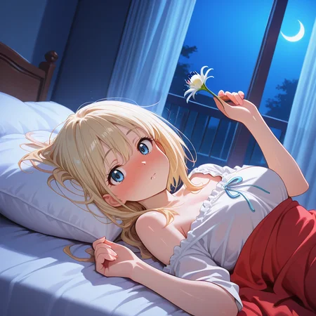 <lora:IL_lycoris_spider_lily:1>,lycoris/(flower/),1girl,solo,disheveled hair,looking at viewer,dutch angle,holding flower,crescent,white flower,bed room,pillow,curtains,large window,sidelighting,night,moonlight,lying,on back,twisted torso,w arms,curled fingers,embarrassed,full-face blush,disheveled clothes,, masterpiece,amazing quality,best quality,ultra-detailed,8K,illustration,CG,shiny hair,clear skin,ultra-detailed-eyes,ultra-detailed-background,