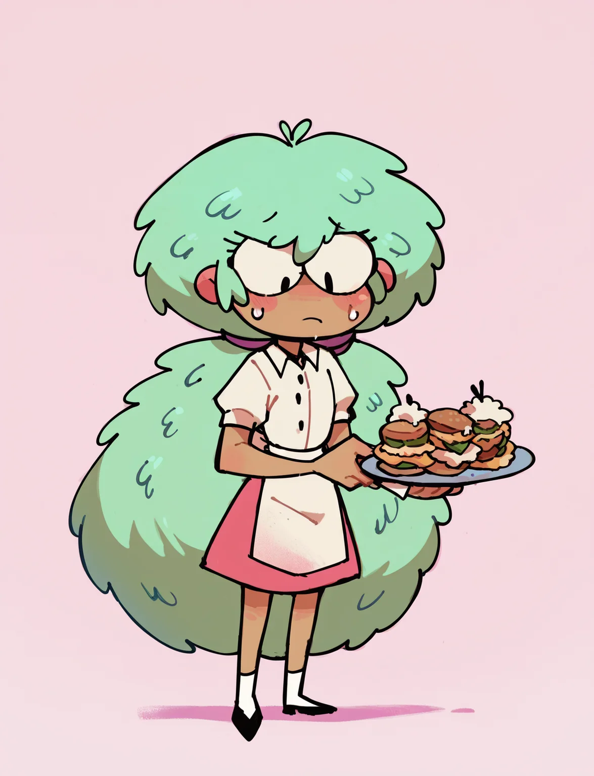 score_9, score_8_up, score_7_up, score_6_up, score_5_up, 1girl, <lora:Kelly_SVTFOE:1> kelly svtfoe, green hair, standing, long hair, waitress, sweat,
pink background, <lora:sandcavern_Pony_locon_e24:0.6>