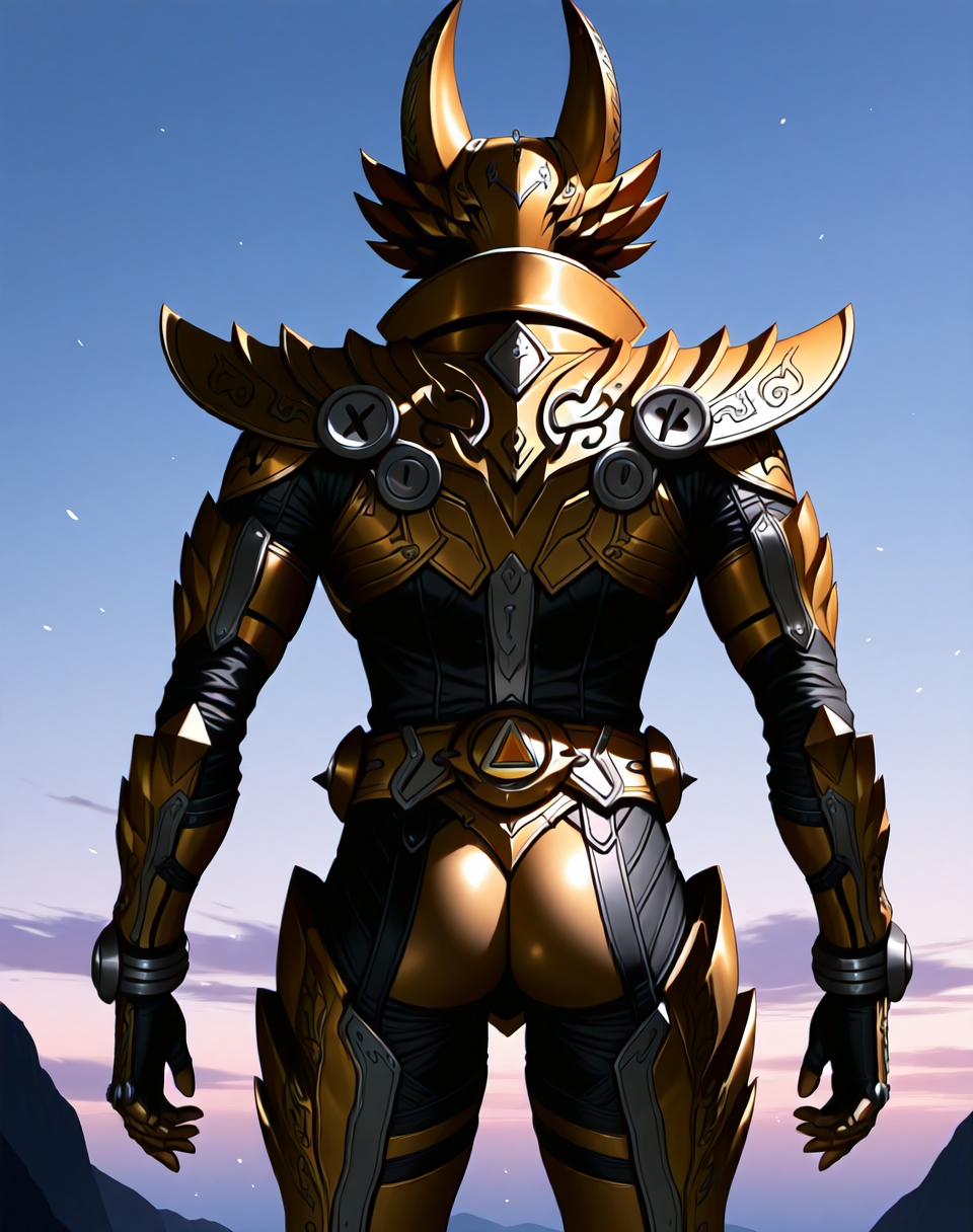 <lora:Garo_(Garo_Makai_Knight)_(Illustrious)_(AD):1.35> Garo, armor, wolf knight, 
exterior, sky with clouds, 
male focus, intense shadows, dynamic shadows, intricate details, attention to details, gradient coloring, robot, bent leg, cowboy shot, solo, back view, butt, 
BREAK very awe, masterpiece, best quality, amazing quality, very aesthetic, highres, absurdres,
EZRealPONYXL, zPDXL, Smooth Quality, lazynsfw,