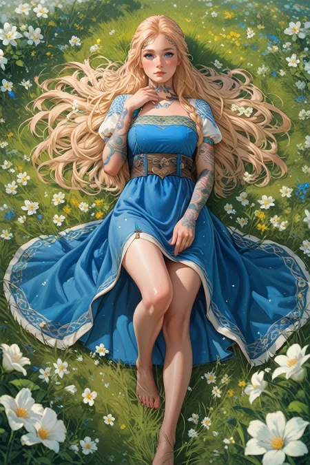 score_9, score_8_up, score_7_up,
<lora:GOWSif:0.8>
GOWSif, 1girl, blonde hair, blue eyes, long hair, tattoo, looking at viewer, lying down in a field of white flowers, dress, barefoot, looking at viewer, blushing