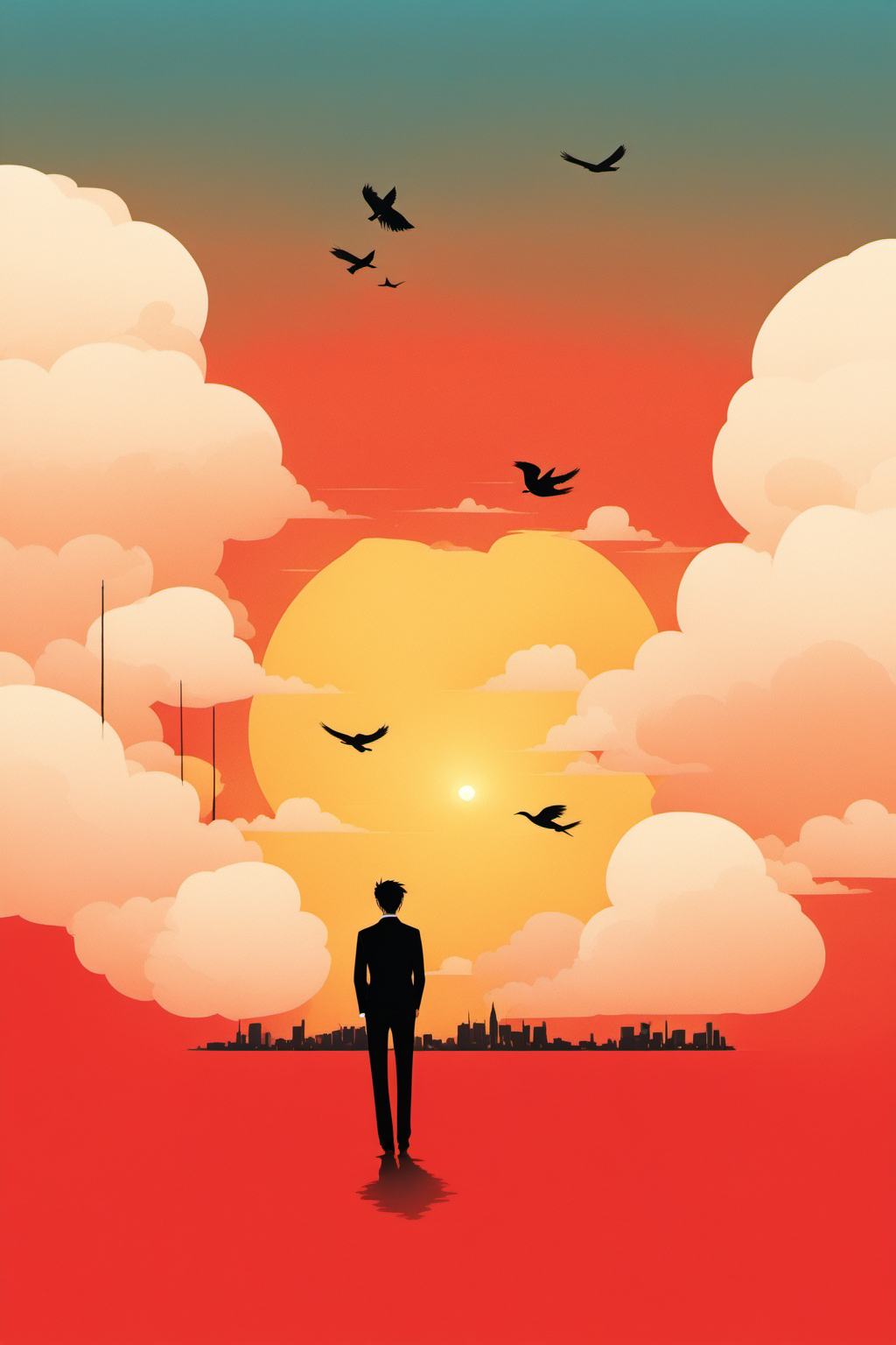 <lora:chahua:0.9>,ch,bird,1boy,male focus,black pants,from behind,standing,pants,solo,black hair,sun,formal,black jacket,suit,surreal,short hair,jacket,cloud,red sky,long sleeves,