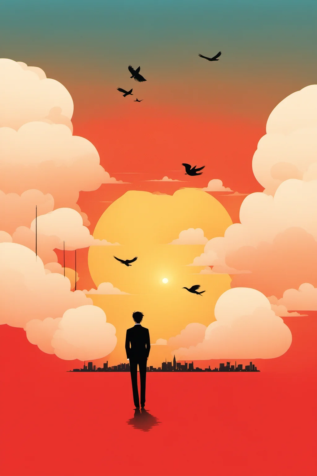 <lora:chahua:0.9>,ch,bird,1boy,male focus,black pants,from behind,standing,pants,solo,black hair,sun,formal,black jacket,suit,surreal,short hair,jacket,cloud,red sky,long sleeves,