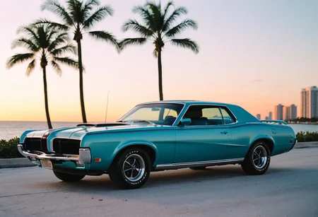 ClassicMuscleCar, gleaming pastel teal Mercury Cougar, stripes, side view, Miami seaside, cinematic sunset cityscape, palm trees, 4K, highly detailed, ((stylish grainy analog 35mm film photo))