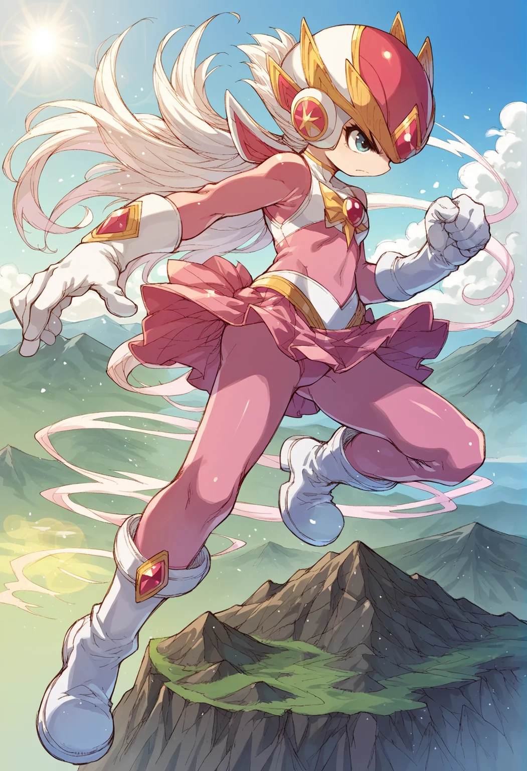 1girl, solo, power power rangers, super sentai, pink bodysuit, skirt, helmet, smoke, fighting stance, white boots, white gloves, sunlight, lens flare, mountain, <lora:nakayama_tooru_XL:1>, score_9, score_8_up, score_7_up, score_6_up, score_5_up, score_4_up, BREAK source_anime, masterpiece