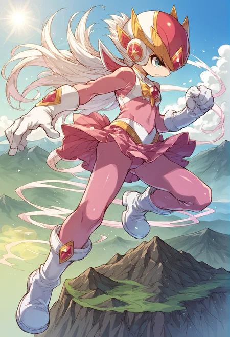 1girl, solo, power power rangers, super sentai, pink bodysuit, skirt, helmet, smoke, fighting stance, white boots, white gloves, sunlight, lens flare, mountain, <lora:nakayama_tooru_XL:1>, score_9, score_8_up, score_7_up, score_6_up, score_5_up, score_4_up, BREAK source_anime, masterpiece