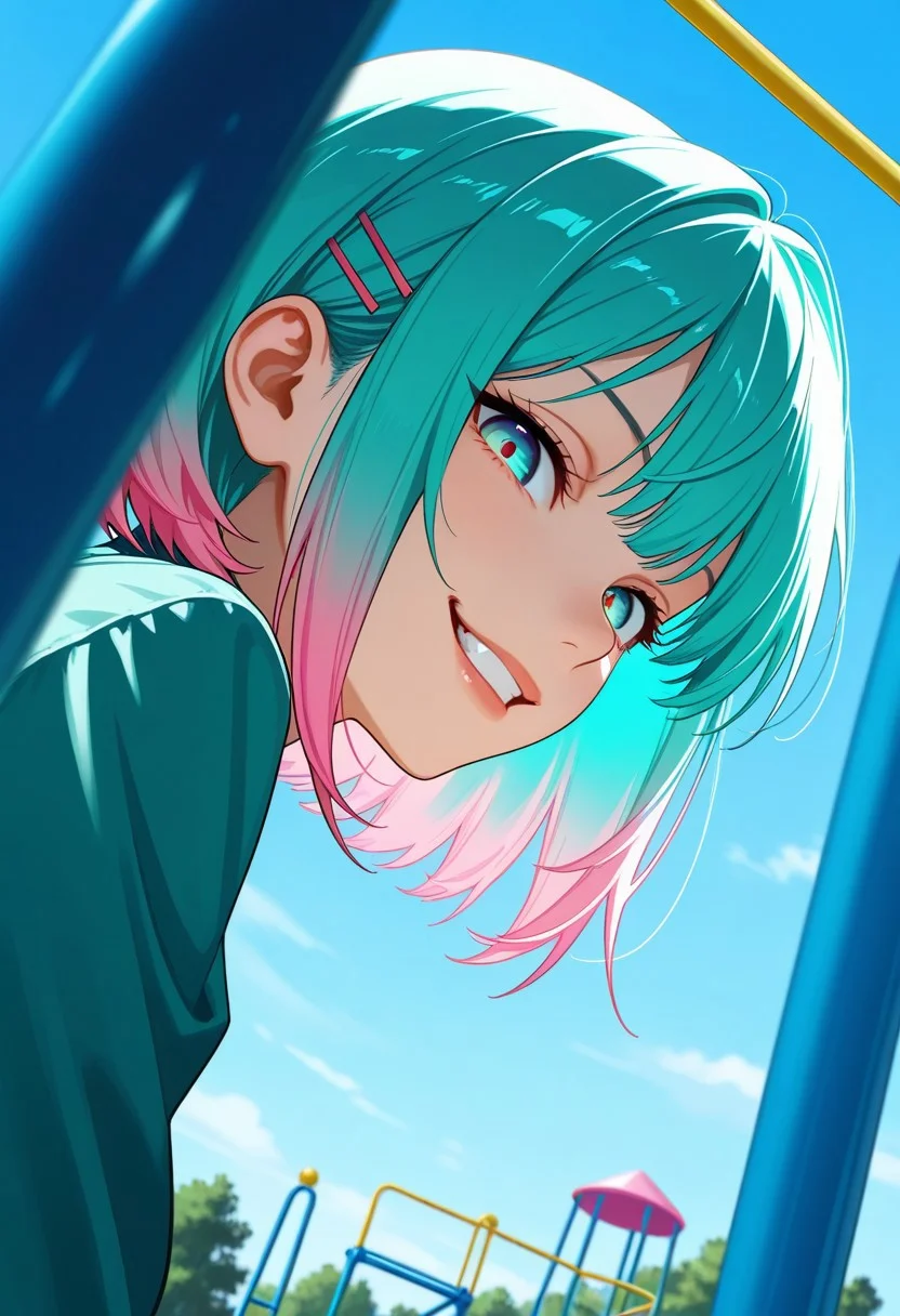 masterpiece, best quality, high quality, high details, source_anime, score_9, score_8_up, score_7_up, extremely detailed,
perfect face,
gradient eyes, multicolored eyes, blue eyes, emerald eyes,
multicolored hair, aqua hair, pink hair, colored tips, bob cut, hairclip, hairpin,
Looking at viewer, from below, from side,
Open air playground, small park, day,
Evil smile, domination looks, realistic shadows, very aesthetic, cinematic light,