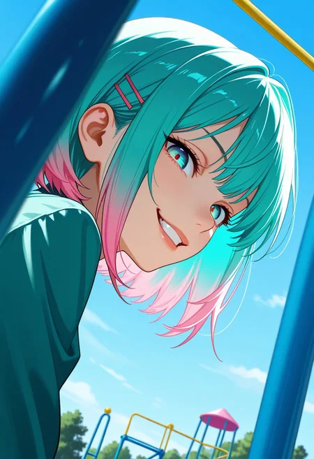masterpiece, best quality, high quality, high details, source_anime, score_9, score_8_up, score_7_up, extremely detailed,
perfect face,
gradient eyes, multicolored eyes, blue eyes, emerald eyes,
multicolored hair, aqua hair, pink hair, colored tips, bob cut, hairclip, hairpin,
Looking at viewer, from below, from side,
Open air playground, small park, day,
Evil smile, domination looks, realistic shadows, very aesthetic, cinematic light,
