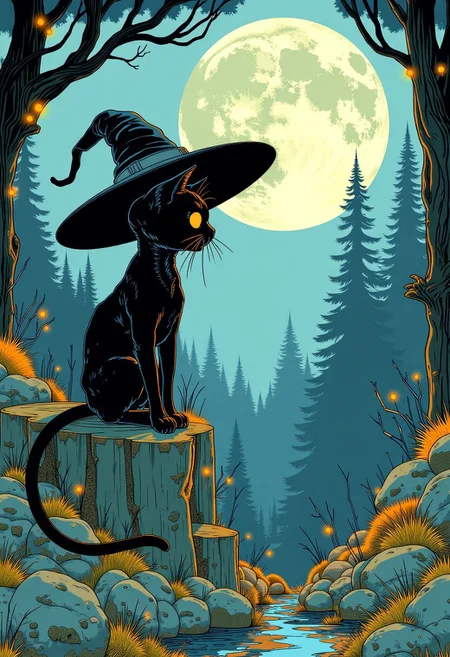 A black cat wearing a huge oversized witch hat, sitting on a large treestump,looking at a beautiful moon in an enchanted forest. The scene is filled with fireflies and moss on surrounding rocks and trees