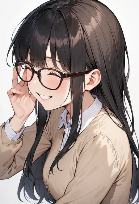 masterpiece, best quality, very aesthetic, absurdres,
1girl, solo, black hair, long hair,
Wellington22A, glasses, brown-framed eyewear,
collared shirt, happy, smile, looking at another, adjusting eyewear, white background, simple background,
<lora:glasses_Wellington_cellframe1_SDXL_V1:0.8>