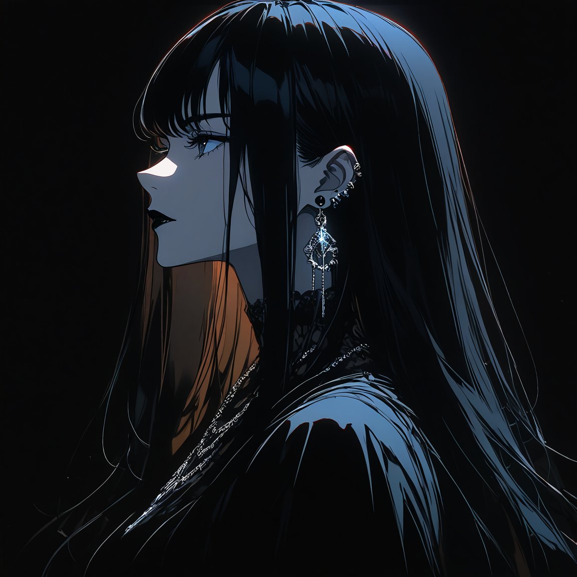 anime girl, best qulity, black hair, long hair, straight hair, white eys,  black lipstick, necklace, earrings,  black outfit, dark background, side view, <lora:gothic_girl:0.9>, <lora:GLSHS:0.8> GLSHS, partially illuminated
