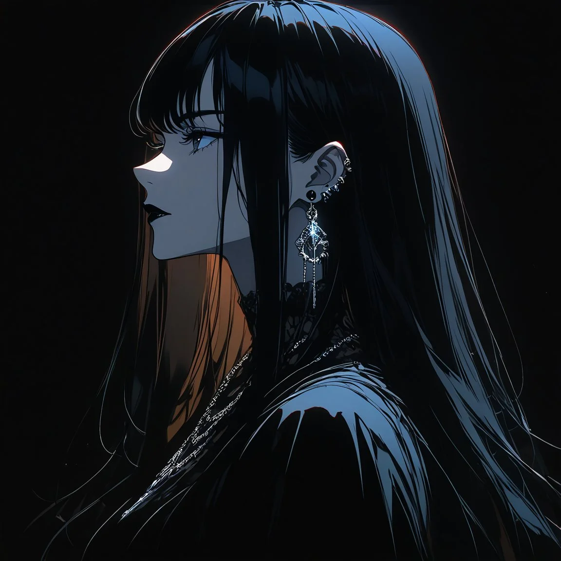 anime girl, best qulity, black hair, long hair, straight hair, white eys,  black lipstick, necklace, earrings,  black outfit, dark background, side view, <lora:gothic_girl:0.9>, <lora:GLSHS:0.8> GLSHS, partially illuminated