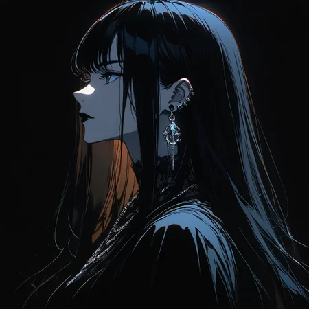 anime girl, best qulity, black hair, long hair, straight hair, white eys, black lipstick, necklace, earrings, black outfit, dark background, side view, <lora:gothic_girl:0.9>, <lora:GLSHS:0.8> GLSHS, partially illuminated