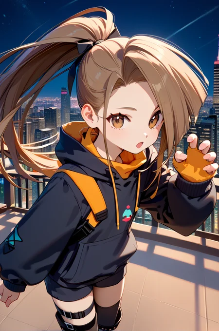 score_9, score_8_up, score_7_up, very aesthetic, source_anime, detailed,
cityscape, night,
cowboy shot,
open mouth,
1girl, flat chest, petite female,
<lora:suzu_autismConfetti_v01:1>suzurnd, brown hair, brown eyes, high ponytail, long hair,
black hoodie, asymmetrical legwear, black boots, claw pose,, zPDXL