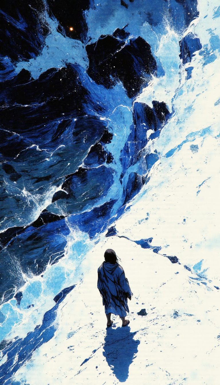 crayon,glow, A lone figure, draped in cerulean robes, stands at the ecotone of a tenebrous, churning sea and a stark, white expanse. The figure, rendered with impressionistic strokes of azure and indigo, is dwarfed by the vastness of the landscape. Their back is turned, their form almost entirely obscured by the flowing fabric, suggesting both vulnerability and a stoic resilience against the unknown. The sea, a maelstrom of sapphire, cobalt, and onyx, crashes against the white shore in a display of untamed power.  The scene is bathed in a spectral light, emanating from an unseen source, casting an elongated, inky shadow of the figure across the white void. The overall composition evokes a sense of solitude, introspection, and the sublime power of nature.  The camera angle is high, almost aerial, emphasizing the vastness of the scene and the solitary nature of the figure.  The focus should be on the stark contrast between the dark, tumultuous sea and the blank canvas of the shore, mirroring the inner turmoil and uncertain future faced by the figure.  Add a sense of wind, whipping the figure's robes and further amplifying the atmosphere of isolation and impending change.