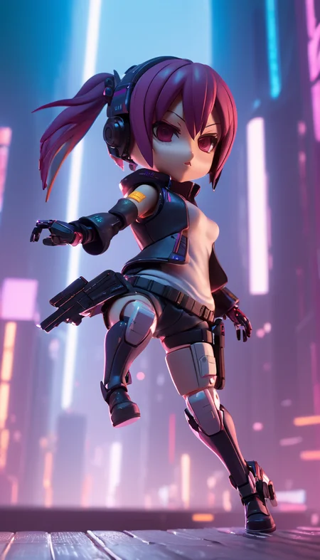 Cinematic scene, hero view, female cyberpunk woman, action pose, detailed background, masterpiece, best quality, high quality, highres, absurdres, nendoroid <lora:nendoroid_xl_v8:1>
