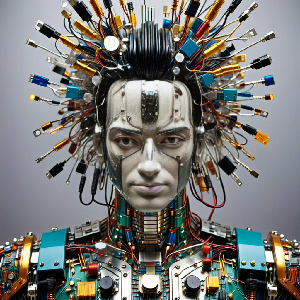 man made out of transistors , looks beautiful and aesthetic, colorful background  <lora:TransistorsXL_LoRA:1>